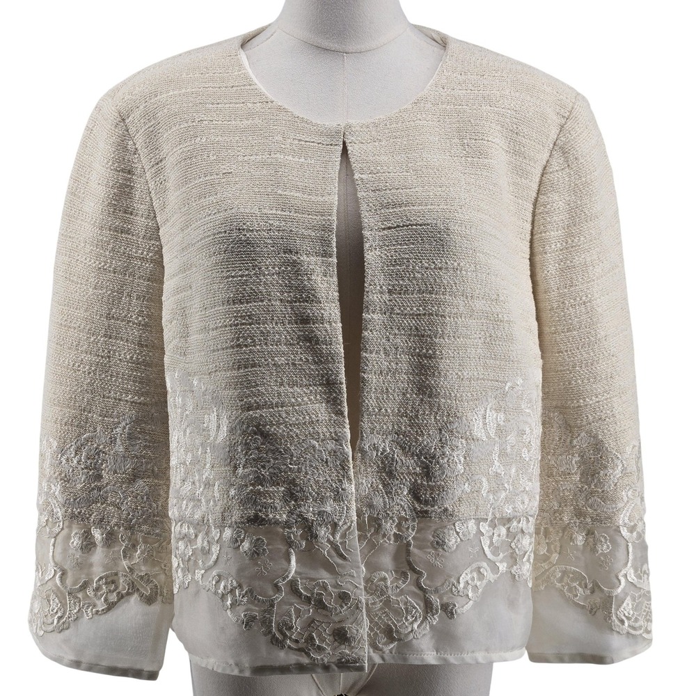 St. John Couture Jacket Womens 14 White Wool‎ Tweed Collarless Lined Embroidered